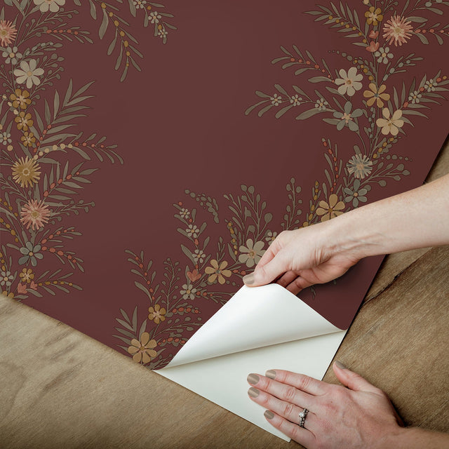 Posy Cranberry Peel & Stick Wallpaper with Botanical Vine Motif - Brewster CJS6322
