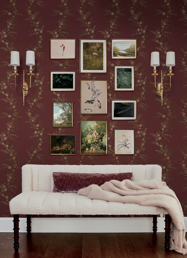 Posy Cranberry Peel & Stick Wallpaper with Botanical Vine Motif - Brewster CJS6322