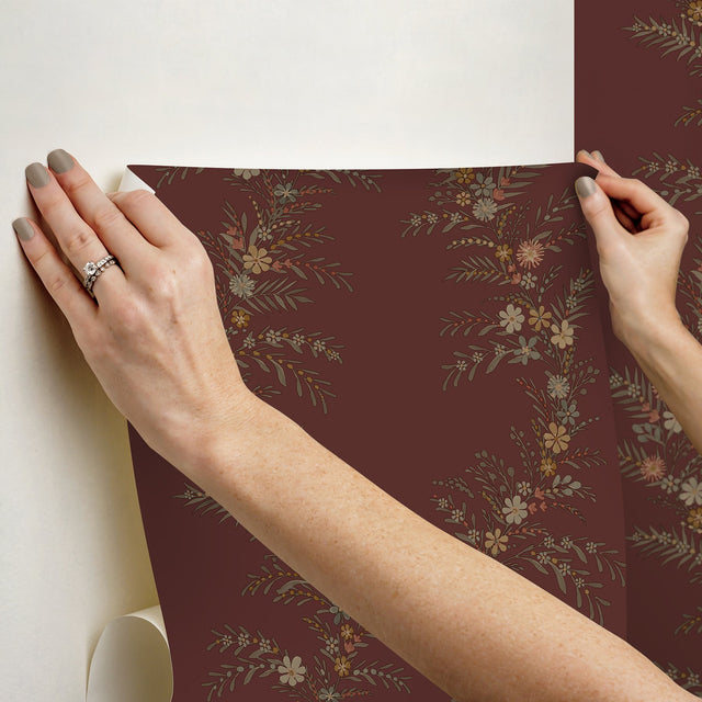 Posy Cranberry Peel & Stick Wallpaper with Botanical Vine Motif - Brewster CJS6322
