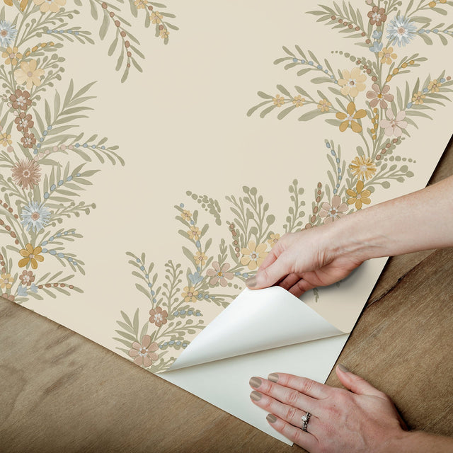 Posy Vanilla Peel & Stick Wallpaper with Botanical Vine Pattern - Brewster CJS6323