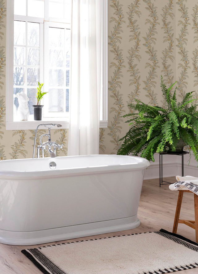 Posy Vanilla Peel & Stick Wallpaper with Botanical Vine Pattern - Brewster CJS6323