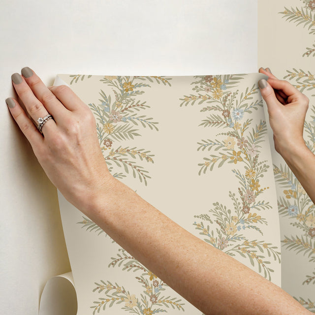 Posy Vanilla Peel & Stick Wallpaper with Botanical Vine Pattern - Brewster CJS6323
