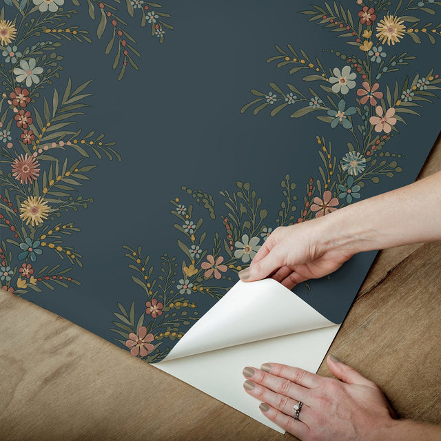 Posy Midnight Peel & Stick Wallpaper with Botanical Vines - NuWallpaper CJS6324
