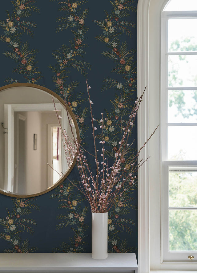 Posy Midnight Peel & Stick Wallpaper with Botanical Vines - NuWallpaper CJS6324