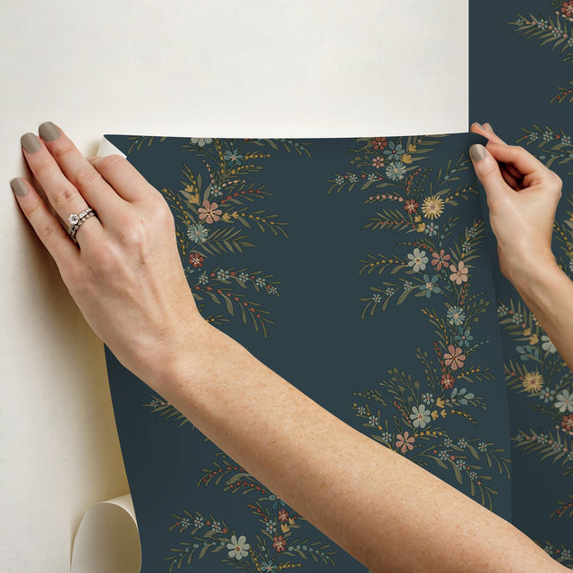 Posy Midnight Peel & Stick Wallpaper with Botanical Vines - NuWallpaper CJS6324