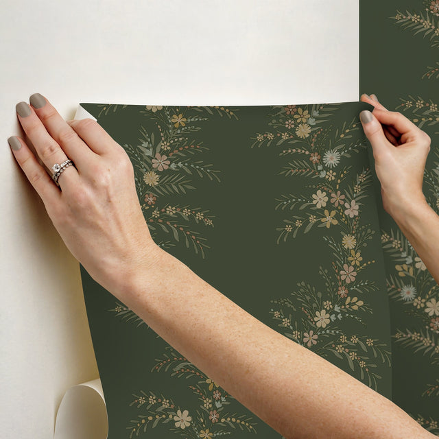 Posy Spruce Peel & Stick Wallpaper with Botanical Vine Motif - NuWallpaper CJS6325