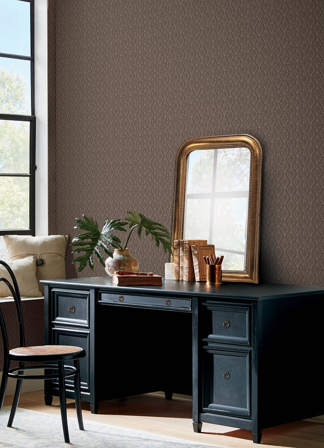 Nova Carob Brown Peel & Stick Wallpaper with Botanical Ogee Motif, Transitional Style - NuWallpaper CJS6328
