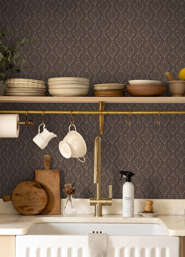 Nova Carob Brown Peel & Stick Wallpaper with Botanical Ogee Motif, Transitional Style - NuWallpaper CJS6328
