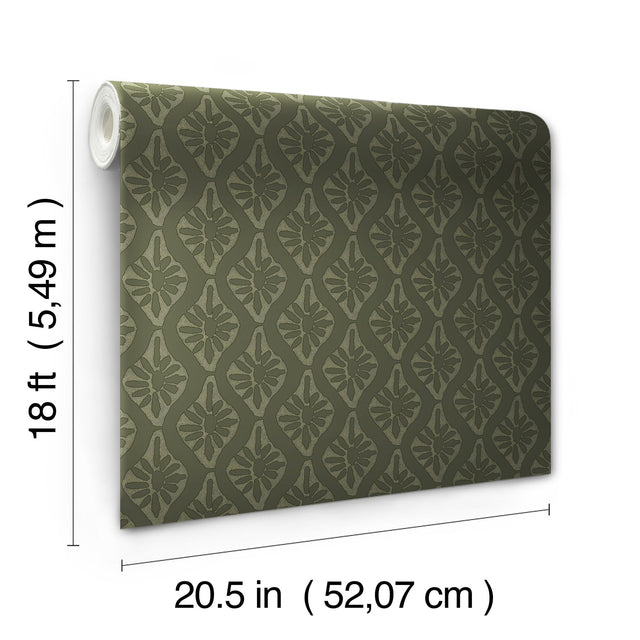 Nova Evergreen Peel & Stick Wallpaper with Botanical Ogee Pattern, Transitional Style - Brewster CJS6329
