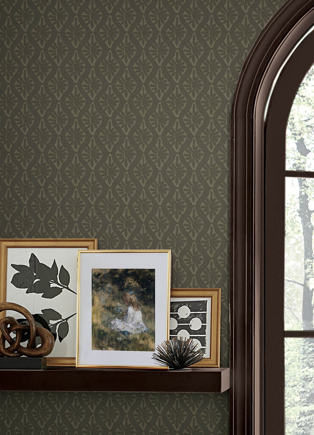 Nova Evergreen Peel & Stick Wallpaper with Botanical Ogee Pattern, Transitional Style - Brewster CJS6329