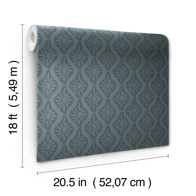 Nova Blue Smoke Peel & Stick Wallpaper with Botanical Ogee in Transitional Style - NuWallpaper CJS6330