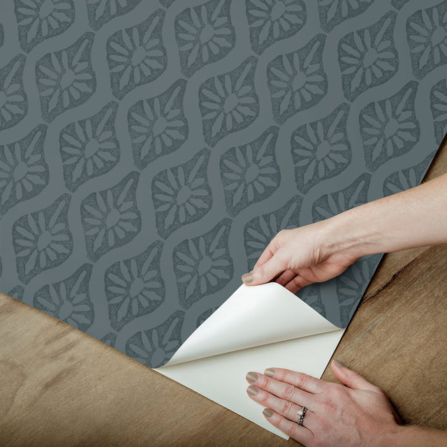 Nova Blue Smoke Peel & Stick Wallpaper with Botanical Ogee in Transitional Style - NuWallpaper CJS6330
