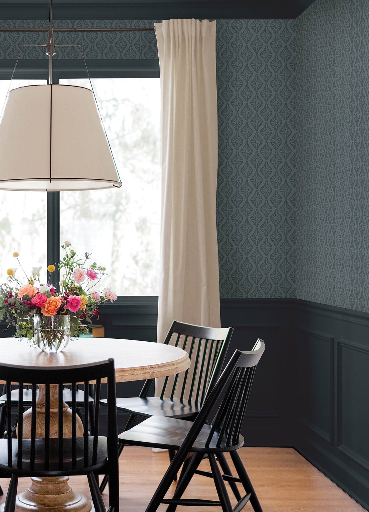 Nova Blue Smoke Peel & Stick Wallpaper with Botanical Ogee in Transitional Style - NuWallpaper CJS6330