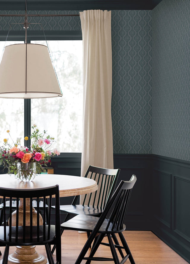 Nova Blue Smoke Peel & Stick Wallpaper with Botanical Ogee in Transitional Style - NuWallpaper CJS6330