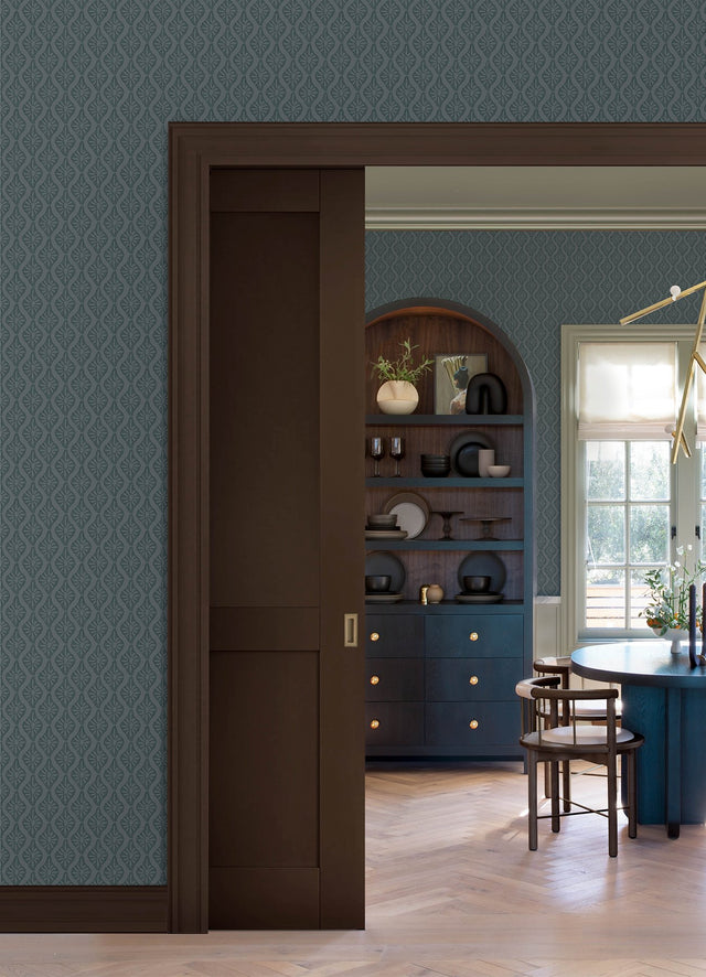 Nova Blue Smoke Peel & Stick Wallpaper with Botanical Ogee in Transitional Style - NuWallpaper CJS6330