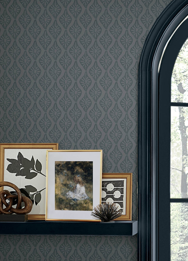 Nova Blue Smoke Peel & Stick Wallpaper with Botanical Ogee in Transitional Style - NuWallpaper CJS6330