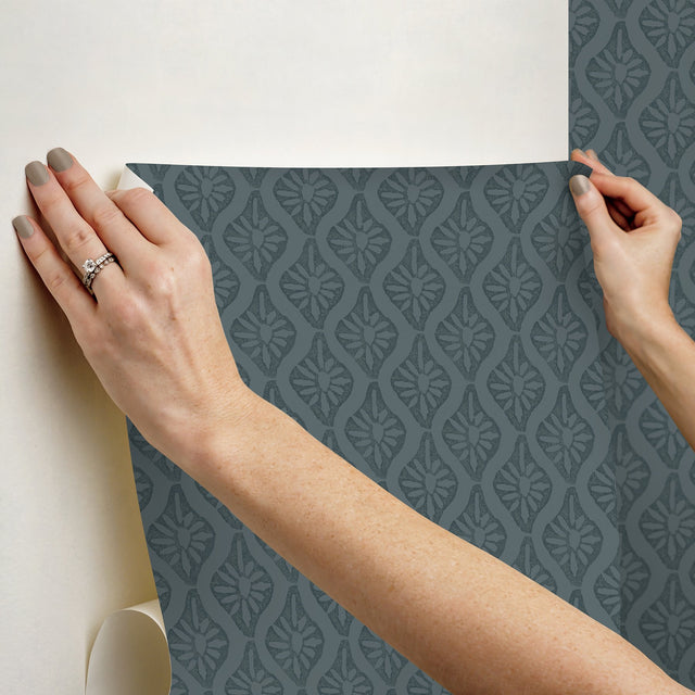 Nova Blue Smoke Peel & Stick Wallpaper with Botanical Ogee in Transitional Style - NuWallpaper CJS6330