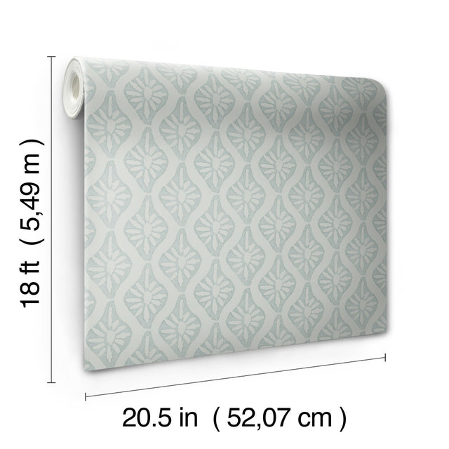Nova Mist Blue Peel & Stick Wallpaper with Botanical Ogee Pattern, Transitional Style - NuWallpaper CJS6331