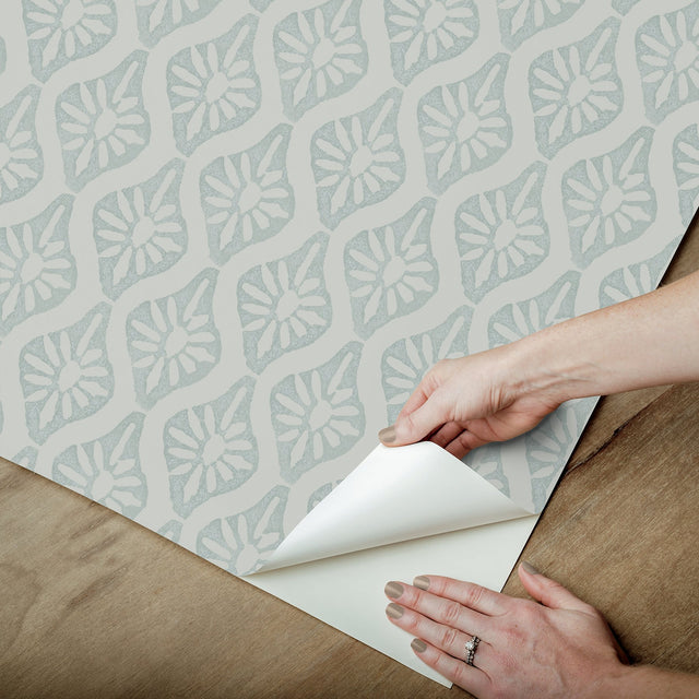 Nova Mist Blue Peel & Stick Wallpaper with Botanical Ogee Pattern, Transitional Style - NuWallpaper CJS6331