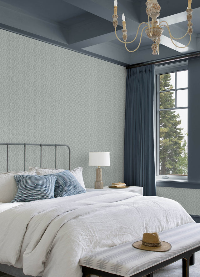 Nova Mist Blue Peel & Stick Wallpaper with Botanical Ogee Pattern, Transitional Style - NuWallpaper CJS6331