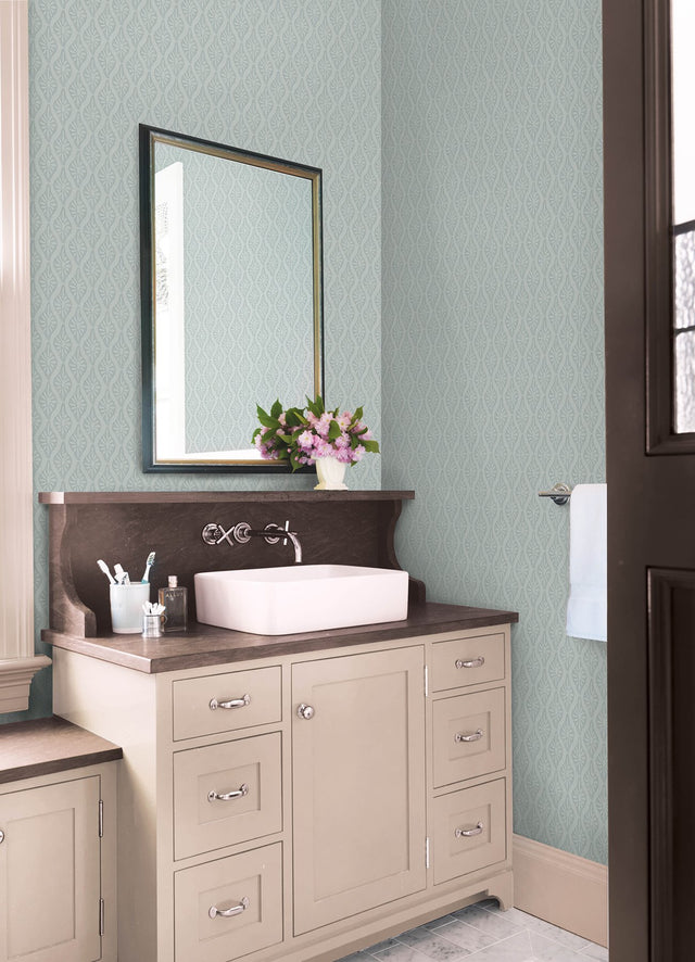 Nova Mist Blue Peel & Stick Wallpaper with Botanical Ogee Pattern, Transitional Style - NuWallpaper CJS6331