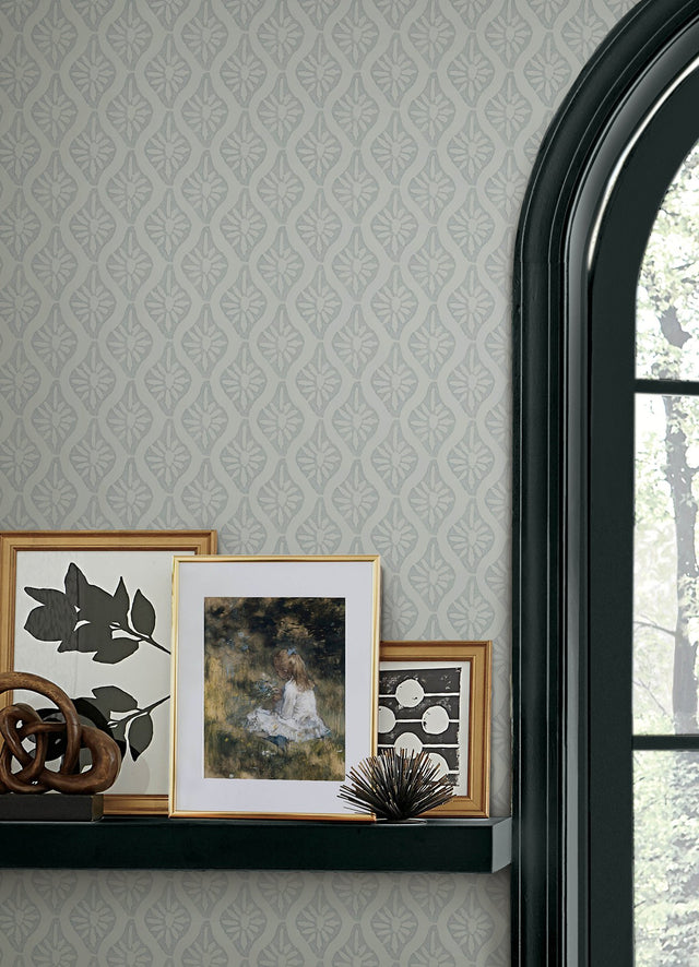 Nova Mist Blue Peel & Stick Wallpaper with Botanical Ogee Pattern, Transitional Style - NuWallpaper CJS6331
