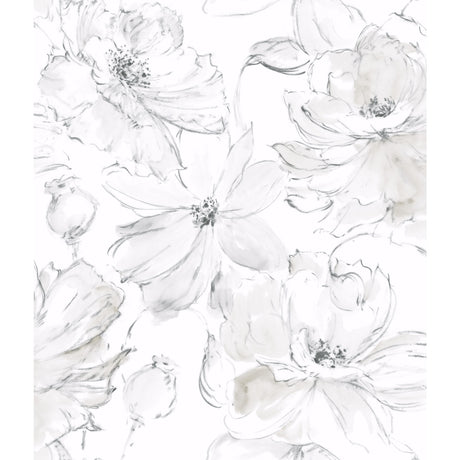 Floral Dreams Grey Wallpaper by York Wallcoverings CL2520 - Large scale sketched botanical floral pattern on white background