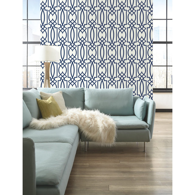 Large Lattice Blue Wallpaper with Geometric Trellis Pattern - York CM2383
