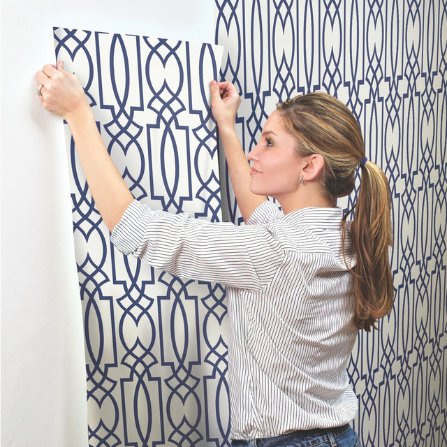 Large Lattice Blue Wallpaper with Geometric Trellis Pattern - York CM2383