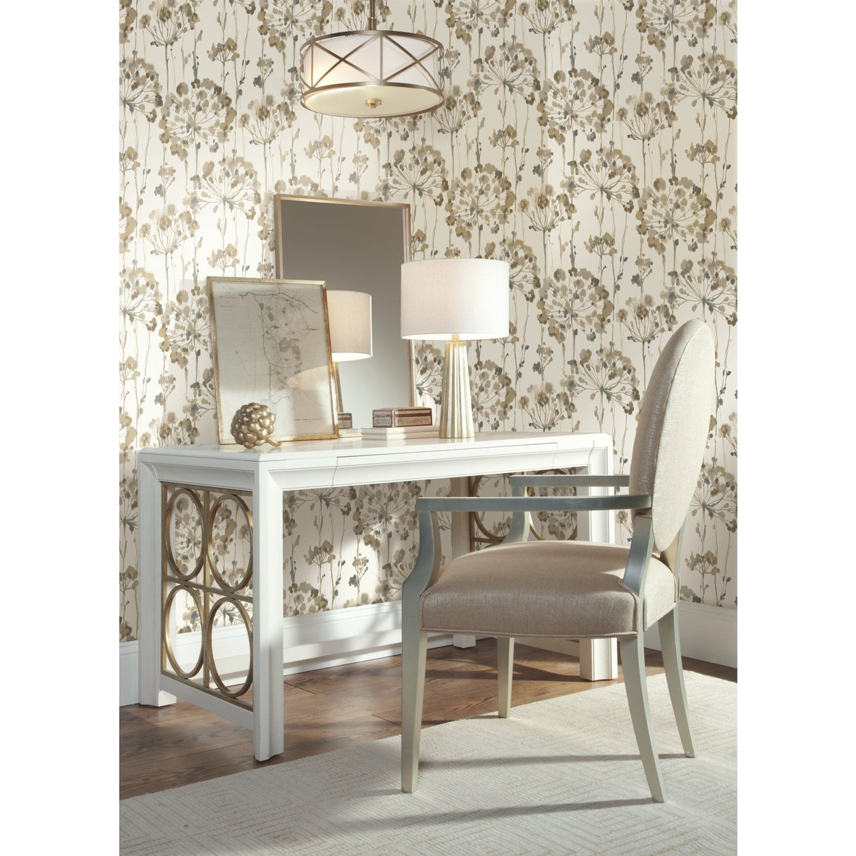 Flourish Taupe Metallic Wallpaper with Floral Motif - York CN2103
