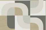 Geometric wallpaper pattern in cool neutrals with curved block shapes in gray, beige, and off-white (Tampere, Suite).