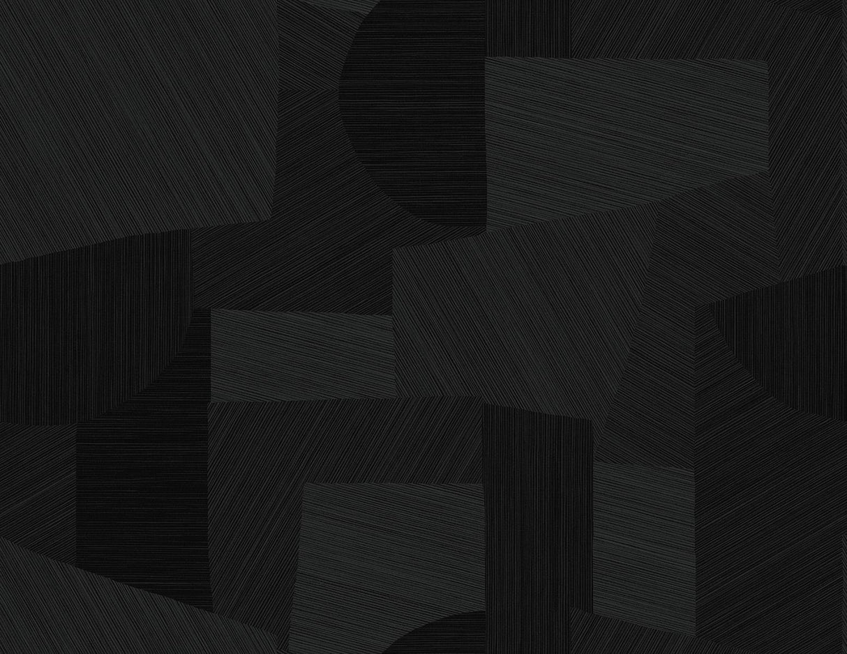 Lahti geometric wallpaper in Contrasto (black), matte finish, with layered textured shapes.