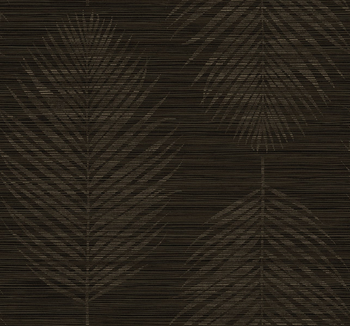 Dark brown satin vinyl wallpaper with a botanical leaf motif in a half-drop layout.