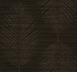 Dark brown satin vinyl wallpaper with a botanical leaf motif in a half-drop layout.
