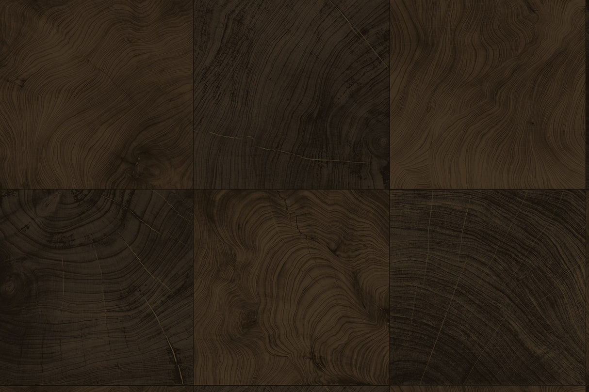 Kemi wallpaper in Burlap featuring a dark brown geometric woodgrain block pattern with a matte finish.