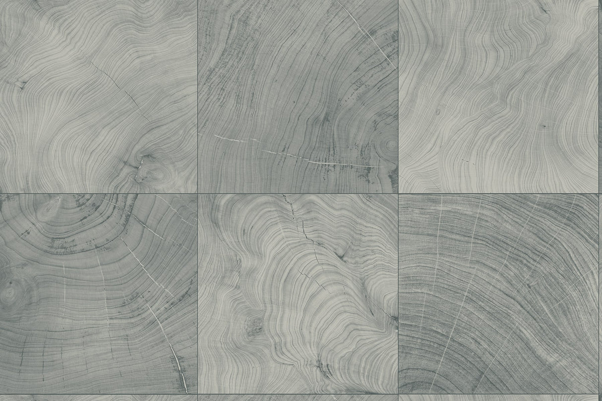 Seabrook Designs Kemi wallpaper in Blueberry, a matte Type II vinyl with geometric tile-like woodgrain rings in gray-blue tones.