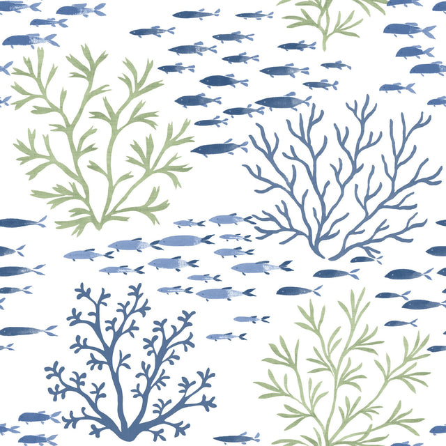 Marine Garden Green & Blue Wallpaper with Coastal Fish and Coral Motif - York CV4404