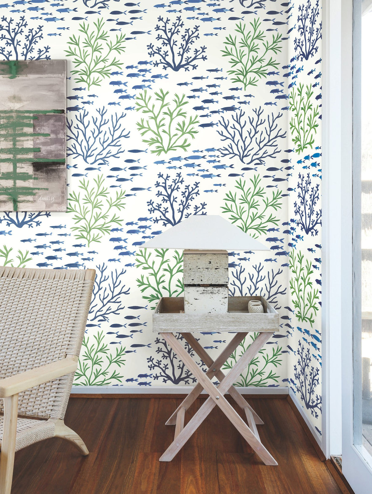 Marine Garden Green & Blue Wallpaper with Coastal Fish and Coral Motif - York CV4404