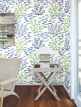 Marine Garden Green & Blue Wallpaper with Coastal Fish and Coral Motif - York CV4404