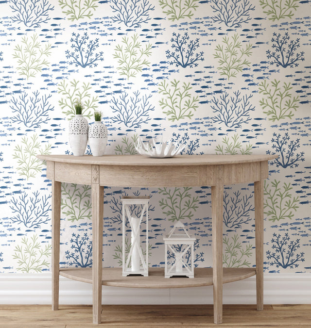 Marine Garden Green & Blue Wallpaper with Coastal Fish and Coral Motif - York CV4404