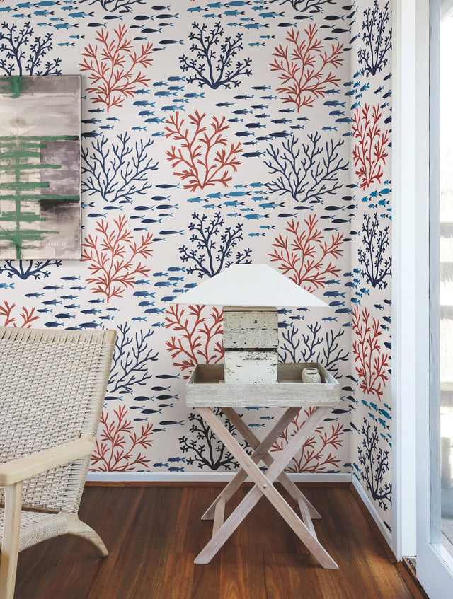 Marine Garden Coral & Navy Wallpaper