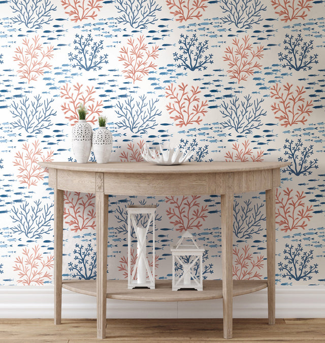 Marine Garden Coral & Navy Wallpaper