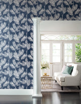 King Palm Silhouette Navy Wallpaper with Botanical Palm Frond Motif - York CV4410