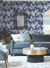 King Palm Silhouette Navy Wallpaper with Botanical Palm Frond Motif - York CV4410