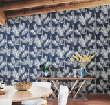 King Palm Silhouette Navy Wallpaper with Botanical Palm Frond Motif - York CV4410