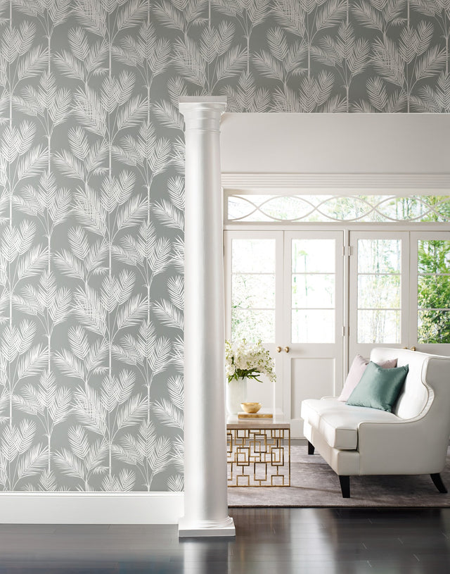 King Palm Silhouette Grey Wallpaper with Botanical Palm Motif - York CV4412