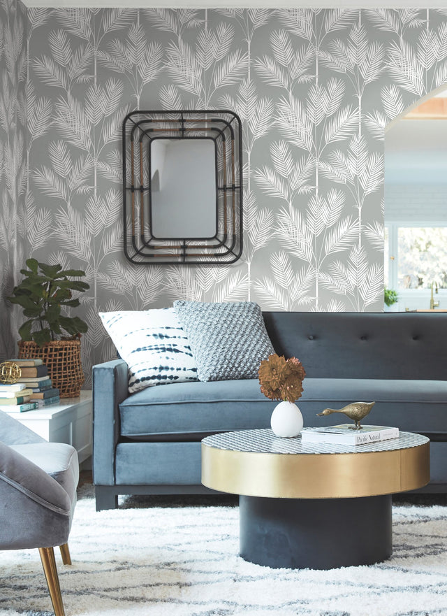 King Palm Silhouette Grey Wallpaper with Botanical Palm Motif - York CV4412