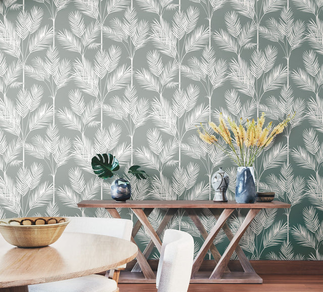 King Palm Silhouette Grey Wallpaper with Botanical Palm Motif - York CV4412