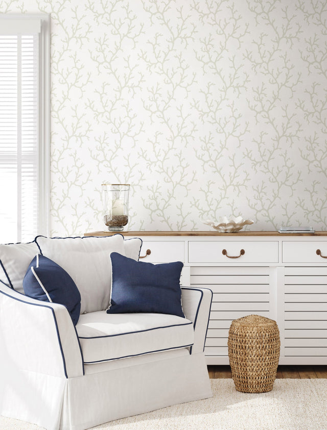 Coral Island White Wallpaper with Nautical Coral Motif - York CV4431