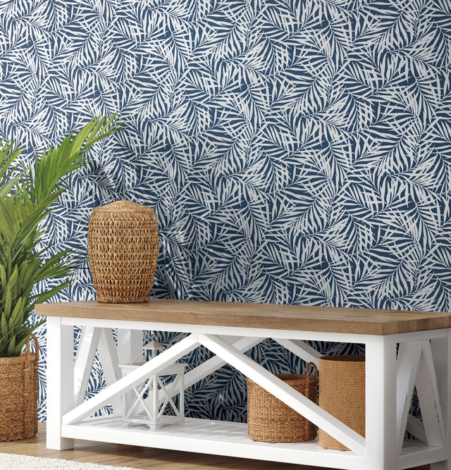 Oahu Fronds Navy & White Wallpaper with Botanical Tropical Leaf Motif - York CV4432